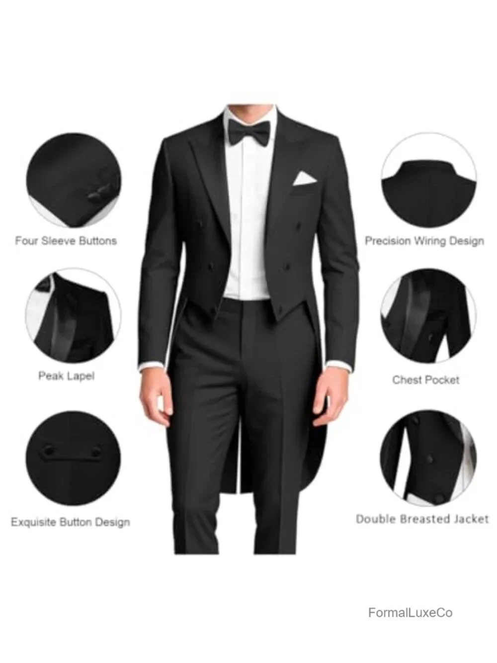 Men's Slim Fit Single Breasted Tailcoat 2 Piece Suit Swallow Tail Wedding